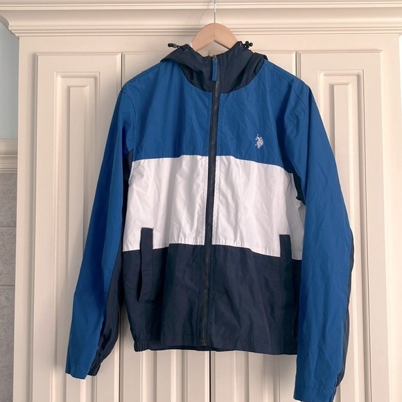 U.S. Polo Assn. Blue White Hooded Windbreaker Jacket Chunky Striped Men’s Size M - Picture 2 of 7